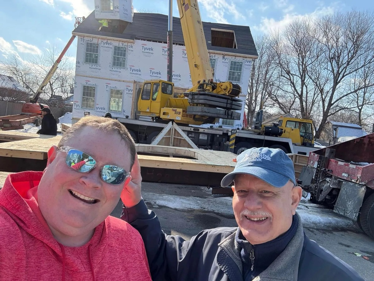 Mike Biviano with his father at a modular home construction site — 4th-generation South Shore contractor
